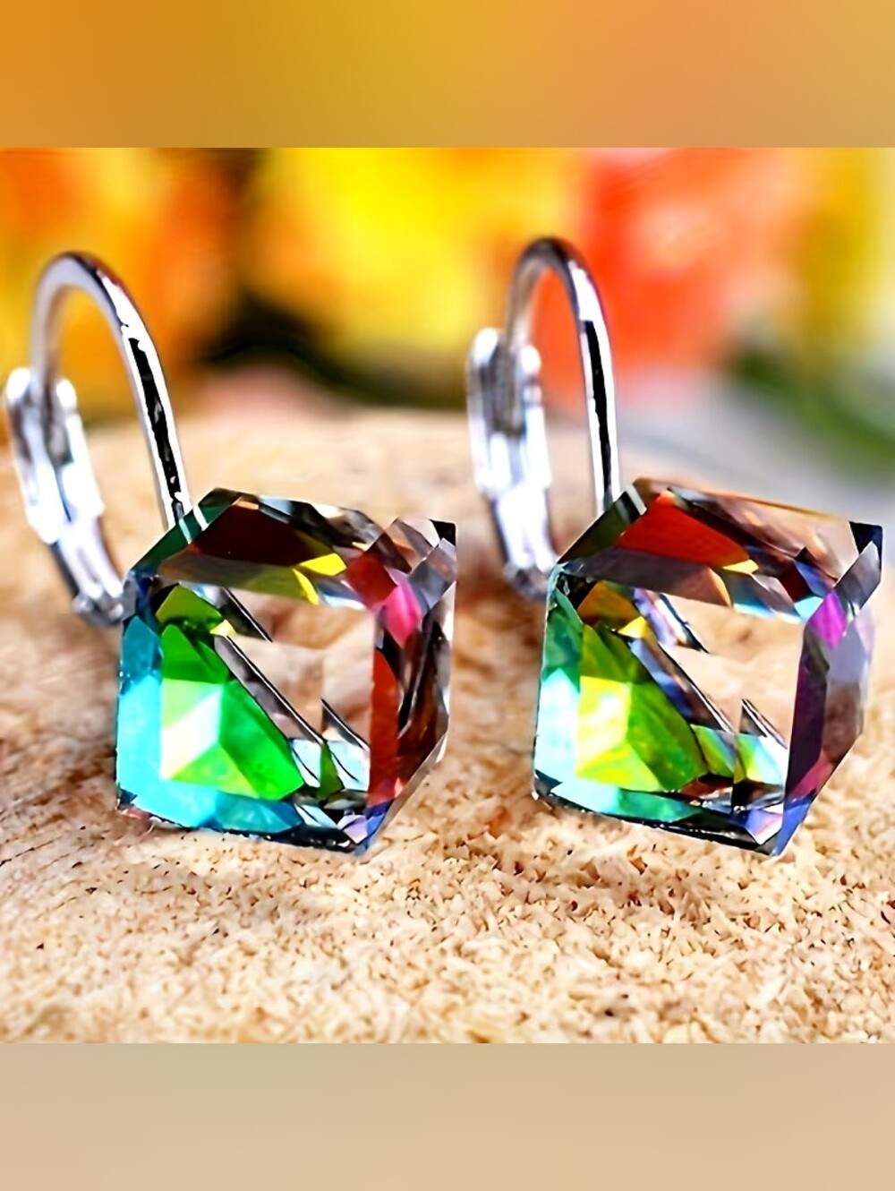Rainbow Crystal Drop Earrings Cube Stones And Silver - Women Jewelry